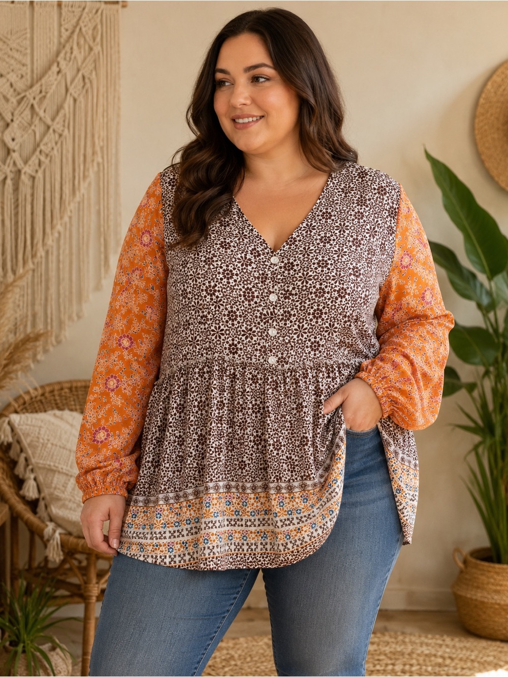 Cato Mixed-Print V-Neck Tunic in Orange and Brown